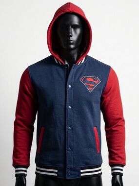 DC Comics Navy and Red Superman Varsity Jacket for Men.